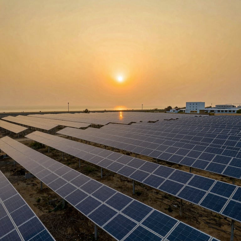 A wide shot of a utility-scale solar farm in a coastal East Asian industrial zone, rows of dark blue panels under a bright amber yellow sun.