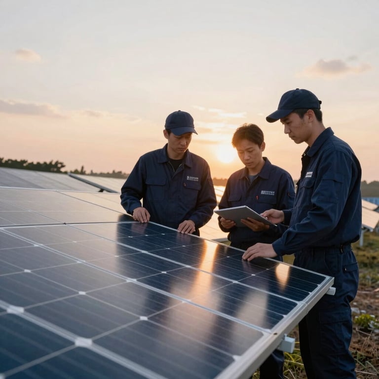 Professional technicians in navy blue attire inspecting a massive solar project at sunset, high-quality corporate photography.
