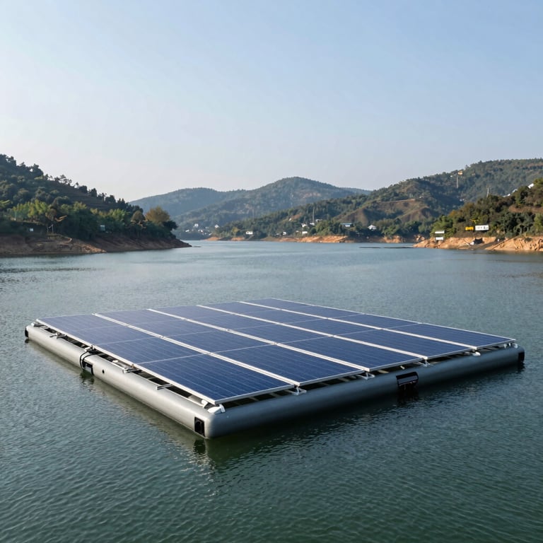 A floating solar power plant on a calm reservoir with surrounding hills, East Asian / International Business context, bright daylight.