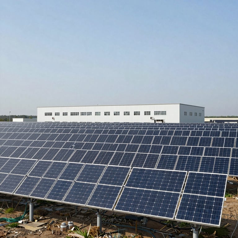 A large ground-mounted solar array providing power to a high-tech research facility, clean lines, reliable atmosphere.