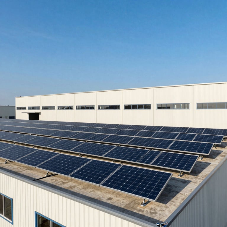 Industrial-scale solar installation on the flat roof of a massive off-white warehouse under a clear blue sky.