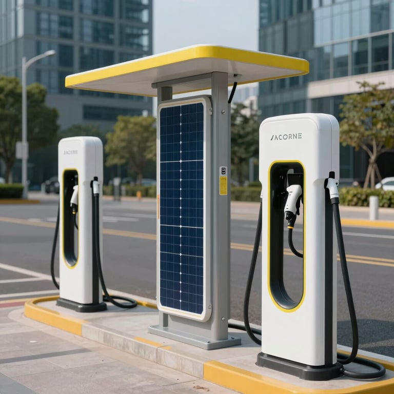 Modern solar-powered EV charging station at a corporate park with sleek metal structures and yellow accents, international business setting.