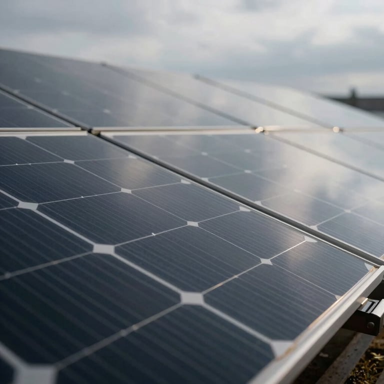 Close-up of high-efficiency monocrystalline solar cells reflecting a slate gray sky with sharp focus and innovative lighting.
