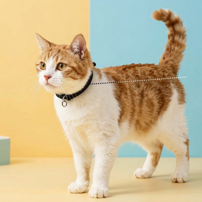 Graphic visual guide diagram showing how to measure a cat and dog, highlighting collar, chest, and back length with soft dotted lines, clean colorful background matching the brand palette.