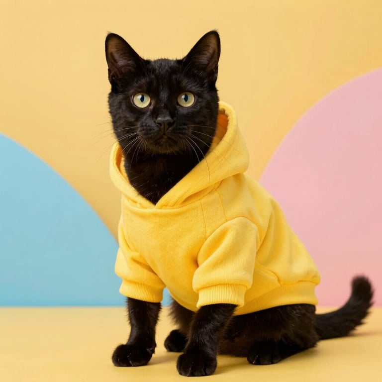 Un gato negro con una sudadera amarilla brillante está sentado sobre un colorido fondo p