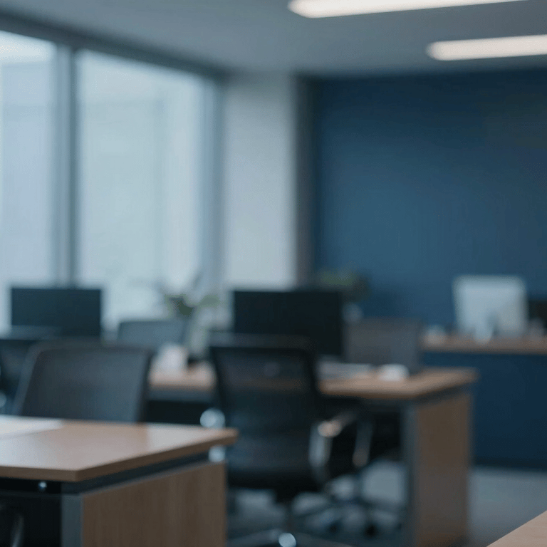 A close-up of a professional desk in a North American / US office with a laptop and a stethoscope, featuring navy blue accents.