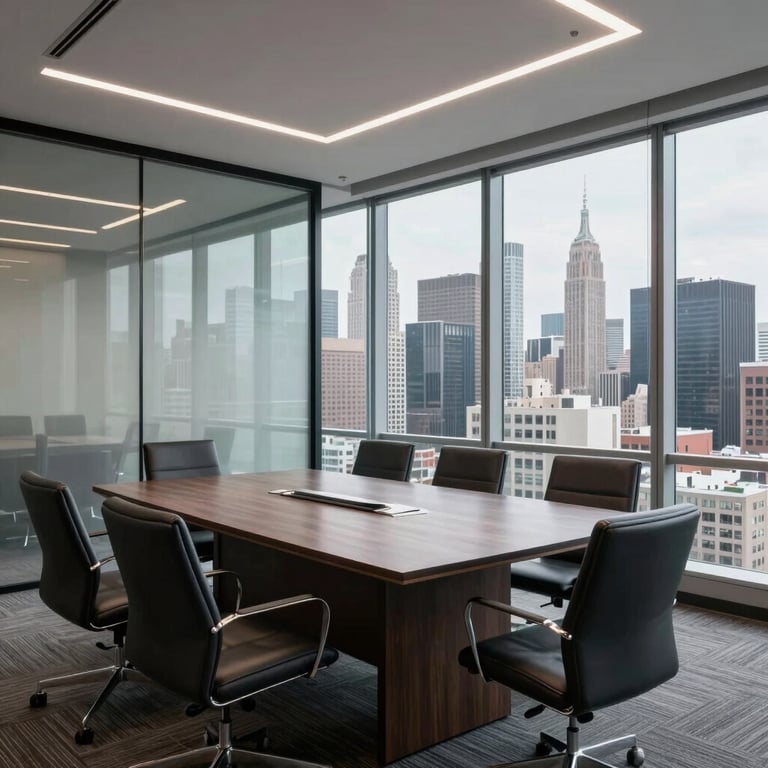 A professional meeting room in a North American / US city skyscraper overlooking the skyline with modern furniture.