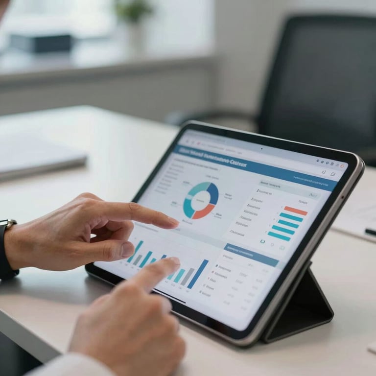 A professional's hands using a tablet to review healthcare analytics in a North American / US office setting.