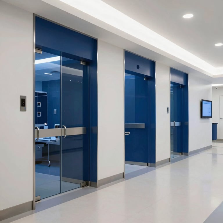 Interior of a sleek, high-tech US healthcare facility with Pearl White walls and Deep Blue glass partitions.