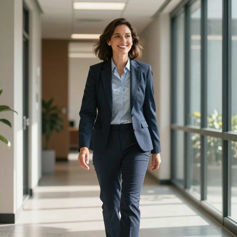 A smiling healthcare administrator in professional attire walking through a sunlit North American / US office hallway.