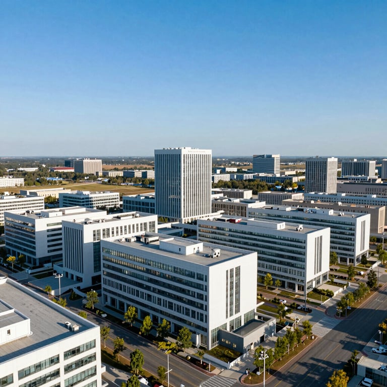 Aerial view of a sprawling modern North American / US medical campus under a clear blue sky with sophisticated Pearl White buildings.