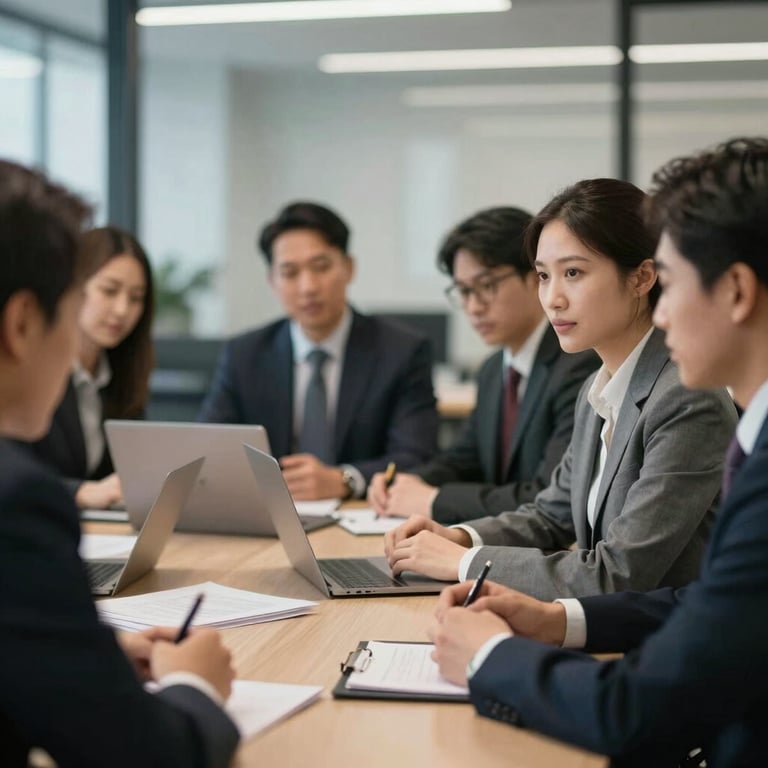 A team meeting in a North American / US professional office, blurred background to emphasize focus and efficiency.