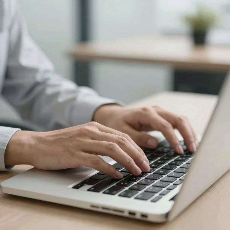 Close-up of professional hands typing on a modern laptop in a professional US office setting with soft Pearl White lighting.