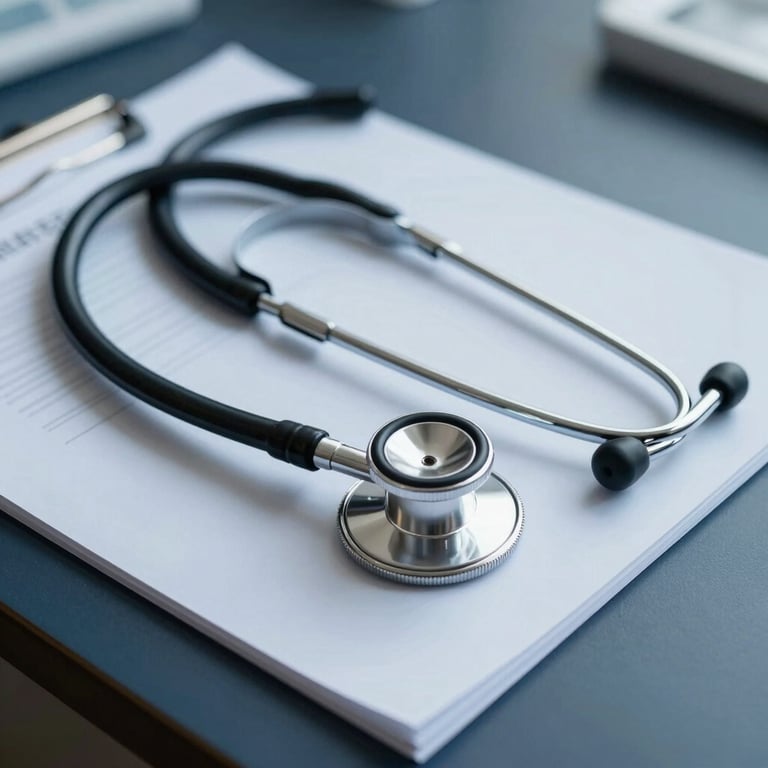 A modern stethoscope resting on a Dark Navy desk surface with Soft Sky Blue paperwork in a bright North American clinic.