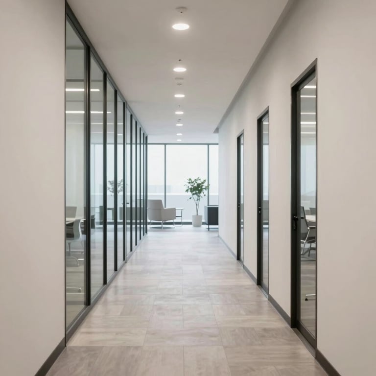 A bright, modern North American / US office hallway with glass partitions and soft off-white walls.