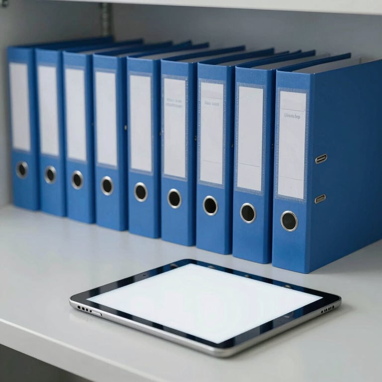 An organized workspace in a North American / US healthcare setting with steel blue file folders and a clean tablet.