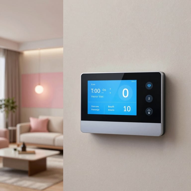 View of a modern South American / Brazilian living room with integrated smart lighting and soft blush pink decorative elements.