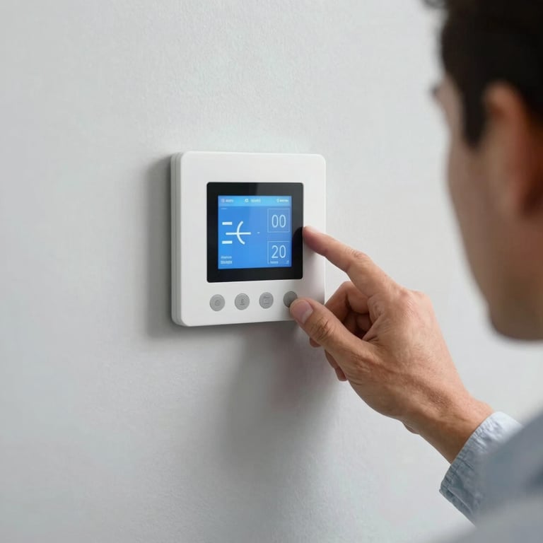 A close-up of a technician's hand adjusting a modern smart home thermostat in a South American / Brazilian office with light greyish white walls.