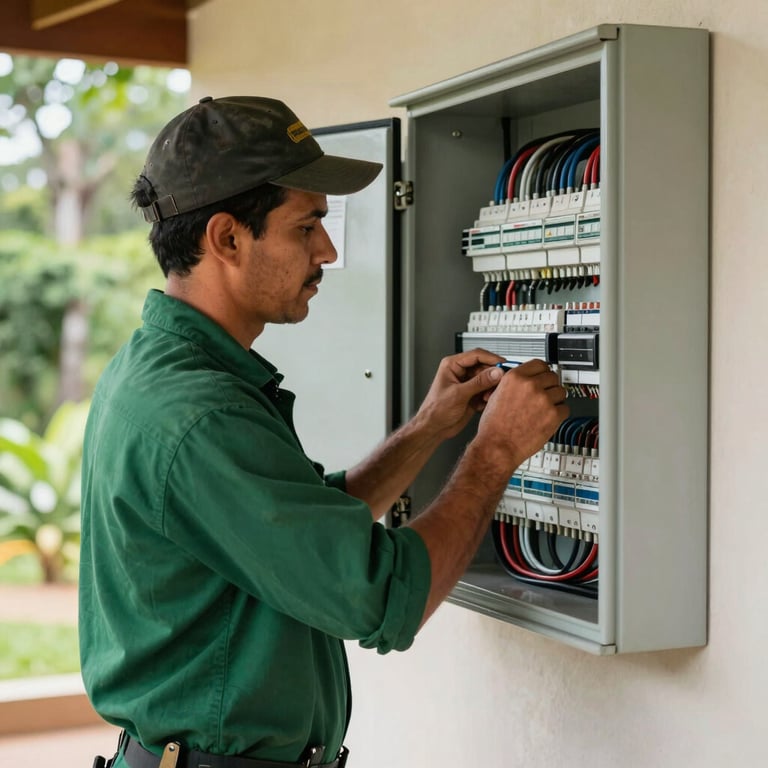 A professional electrician in a deep forest green shirt working on a neat electrical panel in a South American / Brazilian building.