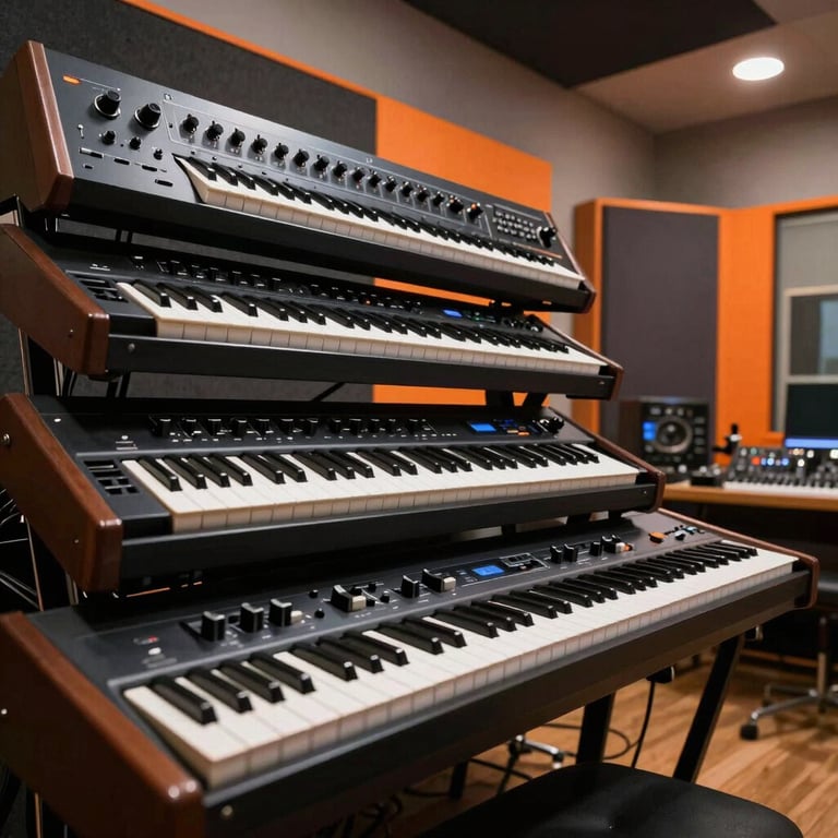 A wall of vintage analog synthesizers in a professional studio space with vibrant orange accent lighting.