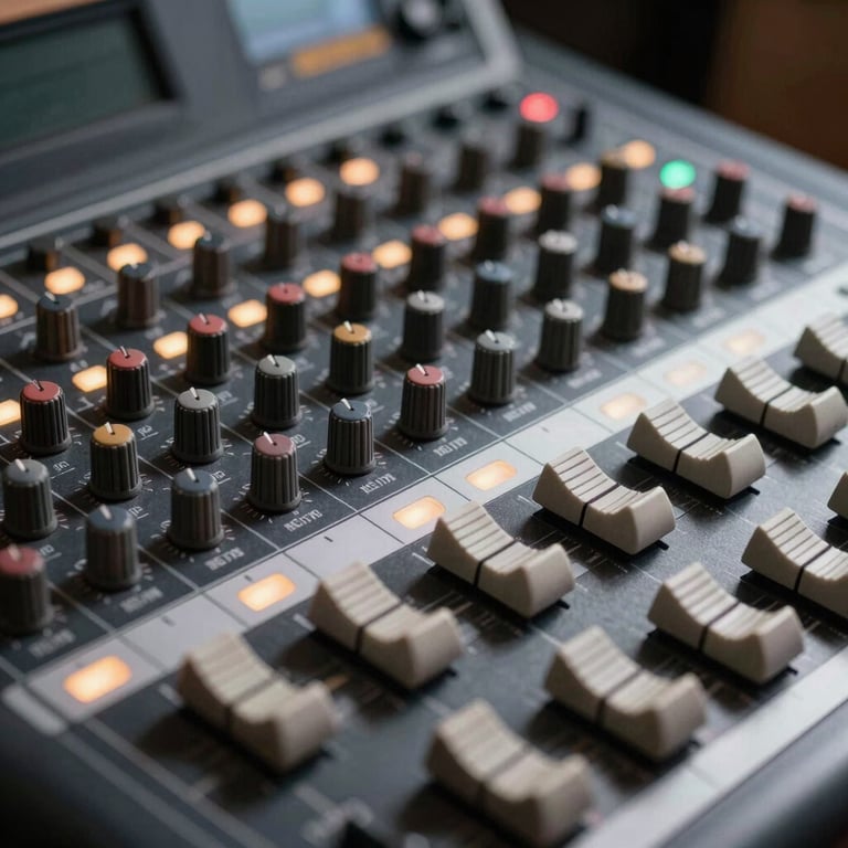 Detailed close-up of a professional mixing console in a studio with soft charcoal shadows and glowing indicator lights.