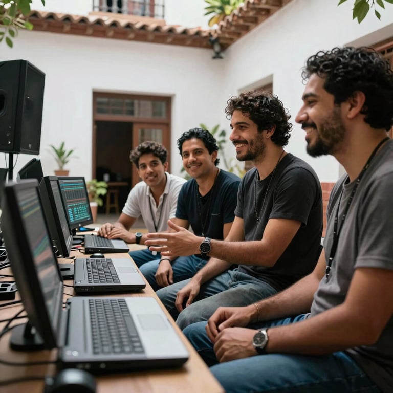 A collaborative team of sound designers sharing a moment of enjoyment during a break in a Latin American studio courtyard.