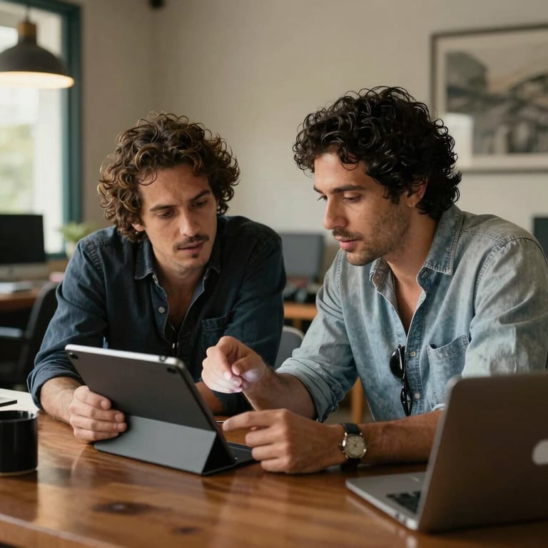 A film director and a composer discussing a project over a tablet in a stylish Latin American creative office, warm atmosphere.