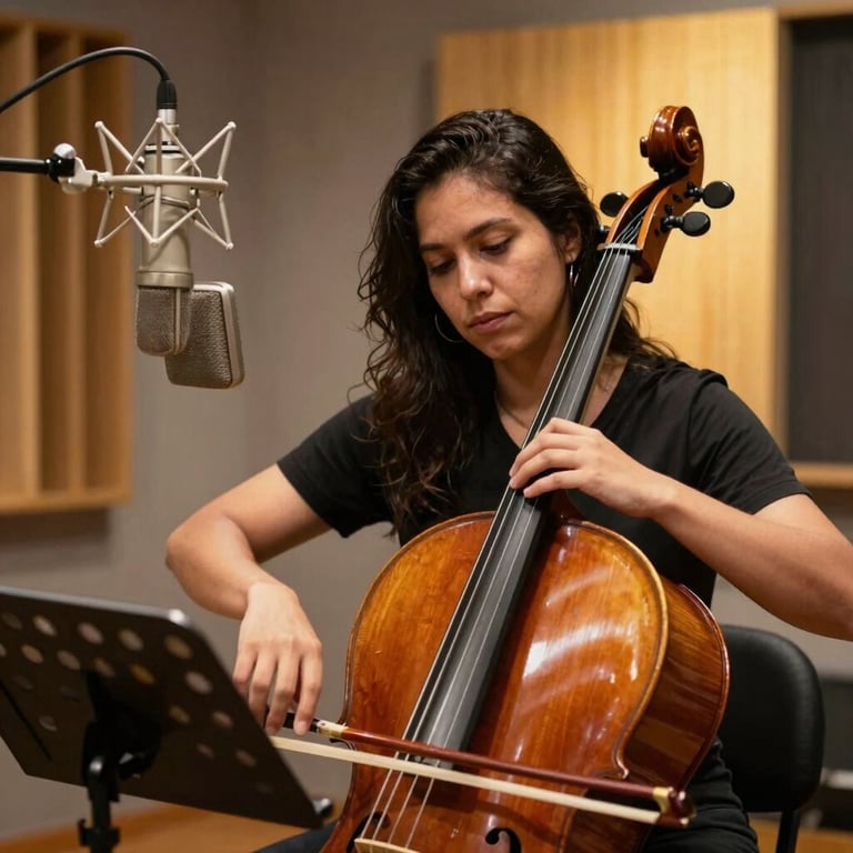 A cellist recording in a modern Latin American studio with cinematic warm gold lighting and high-end microphones.