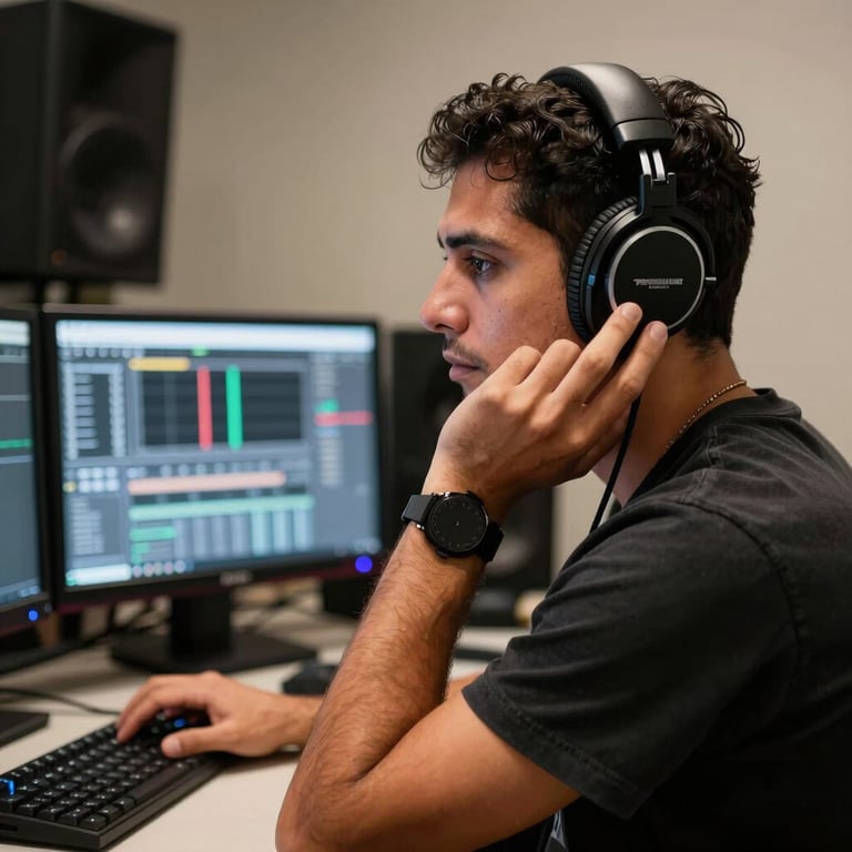 A filmmaker wearing studio headphones, intently listening to a soundtrack in a Latin American post-production suite.