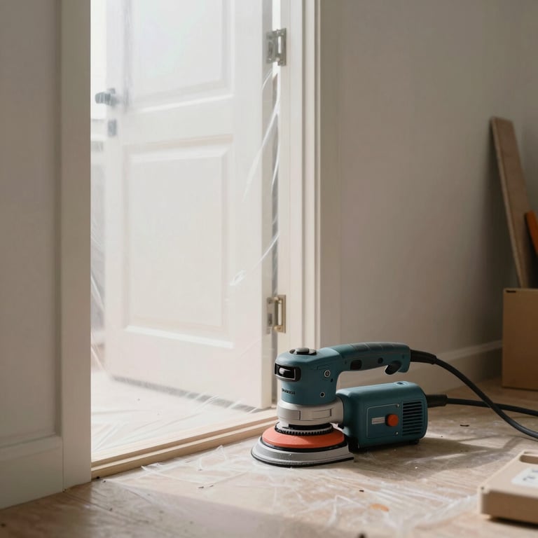 A neat workspace with plastic sheeting sealing off a doorway, a dust extractor vacuum connected to a drywall sander, bright natural light