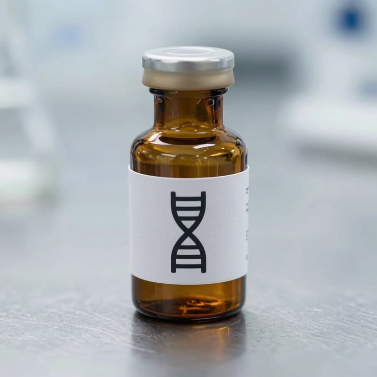 Amber glass research vial with a clean technical label showing a precise DNA-helix icon, resting on a sterile metal laboratory surface, sharp focus.