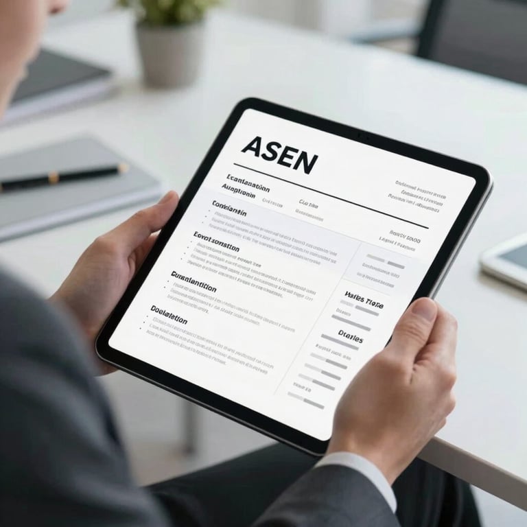 A detailed shot of a professional CV being reviewed on a tablet screen, held by a person in a stylish business suit in a bright office.