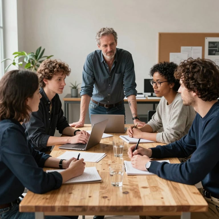 A relaxed but professional group of diverse experts collaborating around a wooden table in a sunlit European creative studio.