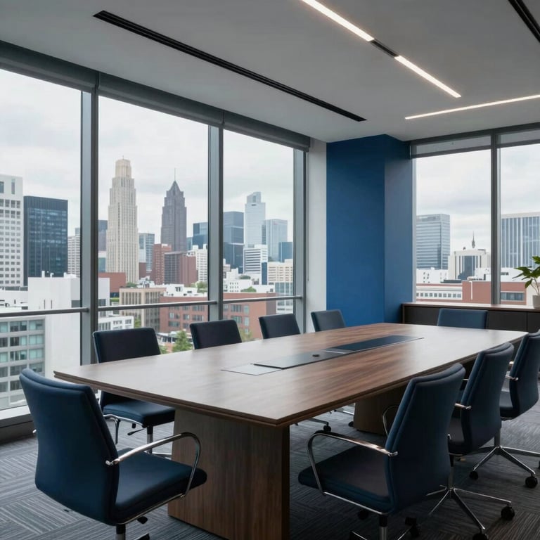 A wide shot of a contemporary European corporate boardroom with large windows overlooking a city skyline, featuring deep blue and soft gray accents.