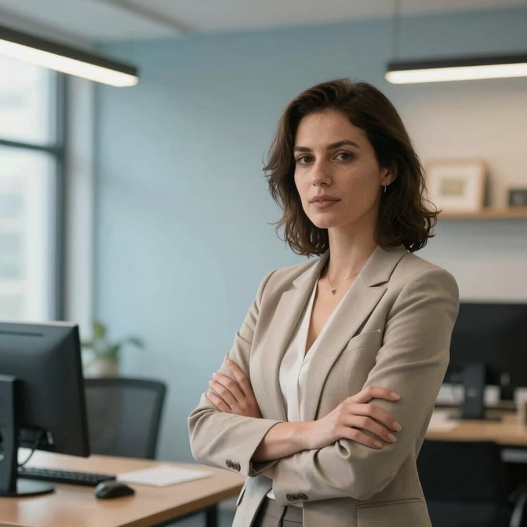 A vertical photograph of a professional woman presenting with confidence in a modern workspace, with pale blue walls and warm lighting.