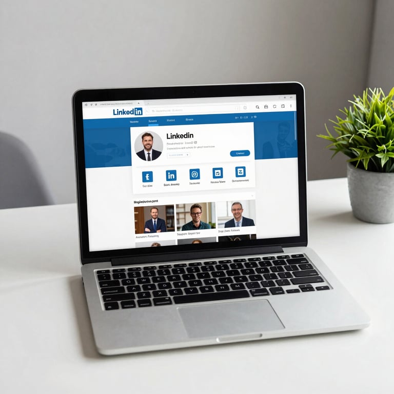 An image of a high-end laptop showing a professional LinkedIn profile, set on a clean white desk with a small green plant.