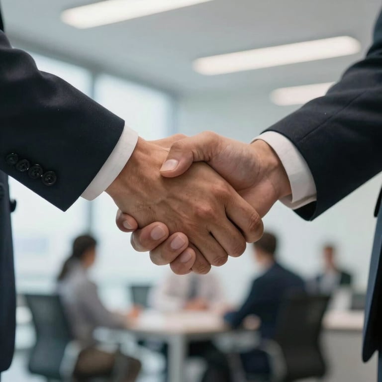 A close-up of two professionals shaking hands in a bright, modern European office, symbolizing a successful interview or partnership.