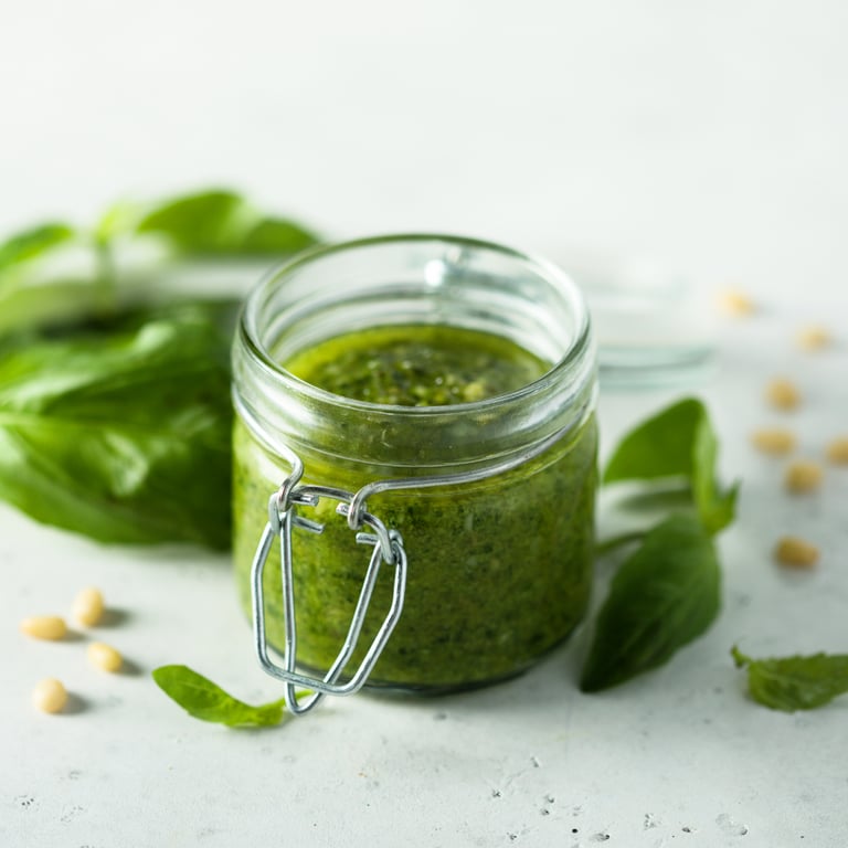 Recipiente de vidrio con pesto artesanal de albahaca hidropónica
