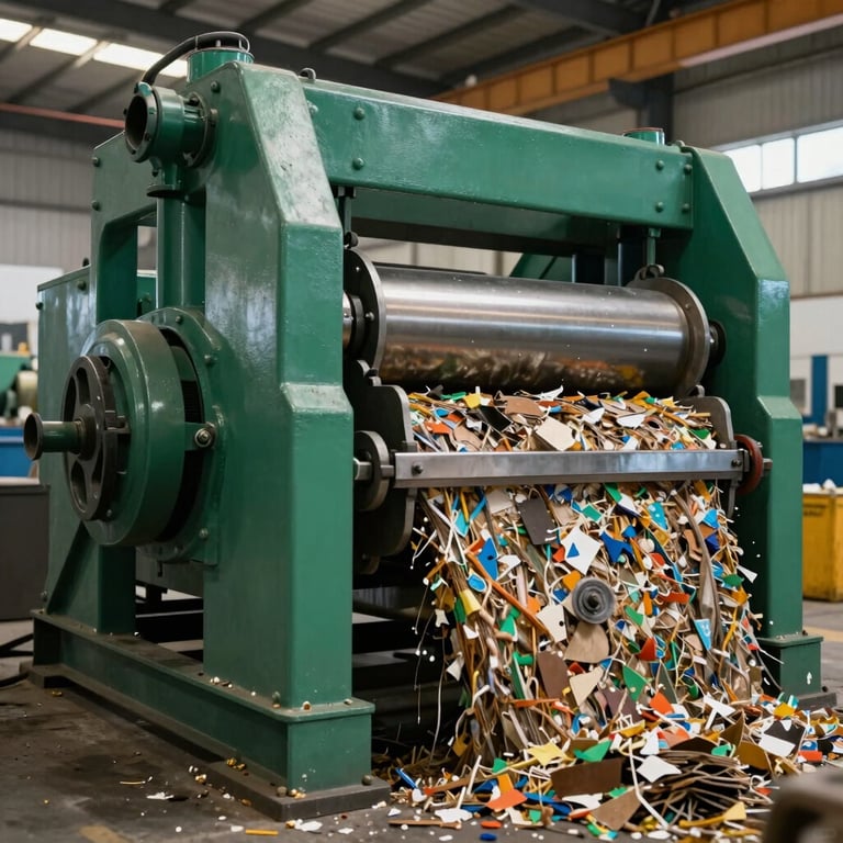 A heavy-duty industrial baler compressing recyclable materials in a clean Latin American factory, forest green and steel tones.