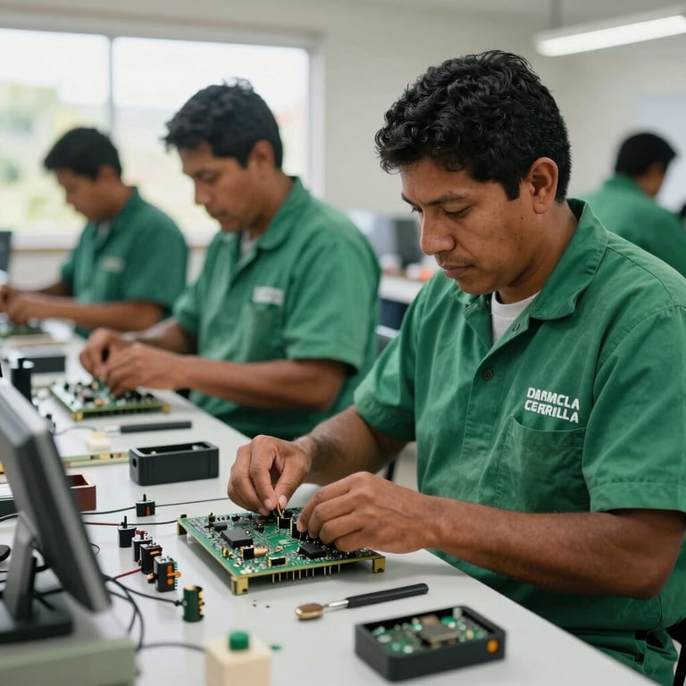 Latin American workers in professional forest green uniforms sorting electronic components for recycling in a bright workspace.