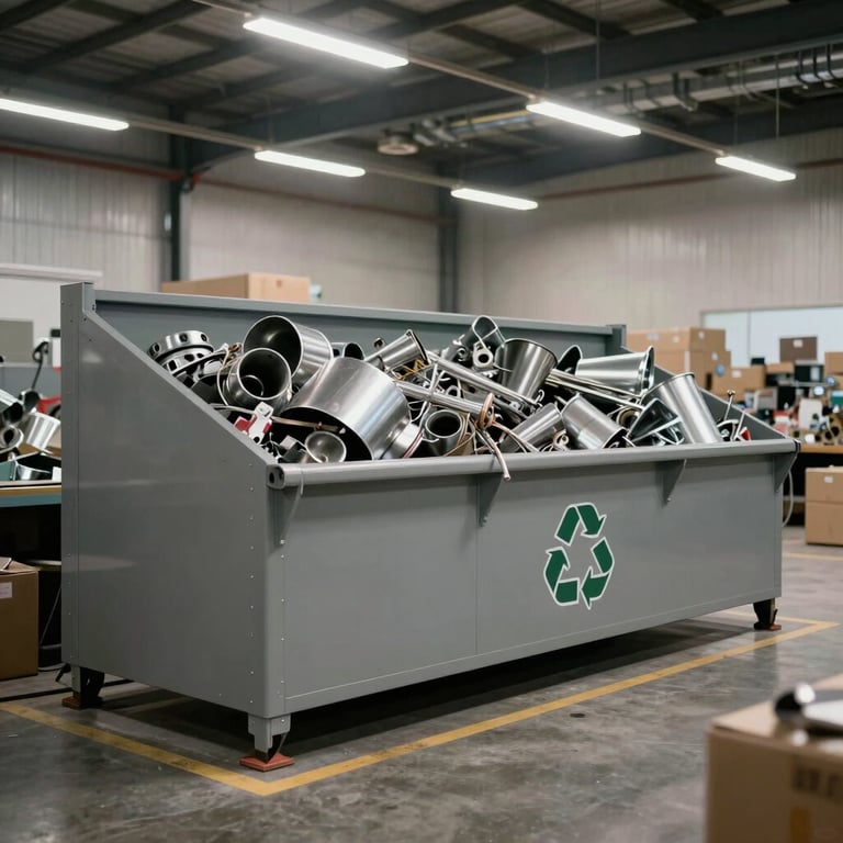 An organized recycling station for industrial metal scraps inside a clean, well-lit modern warehouse.