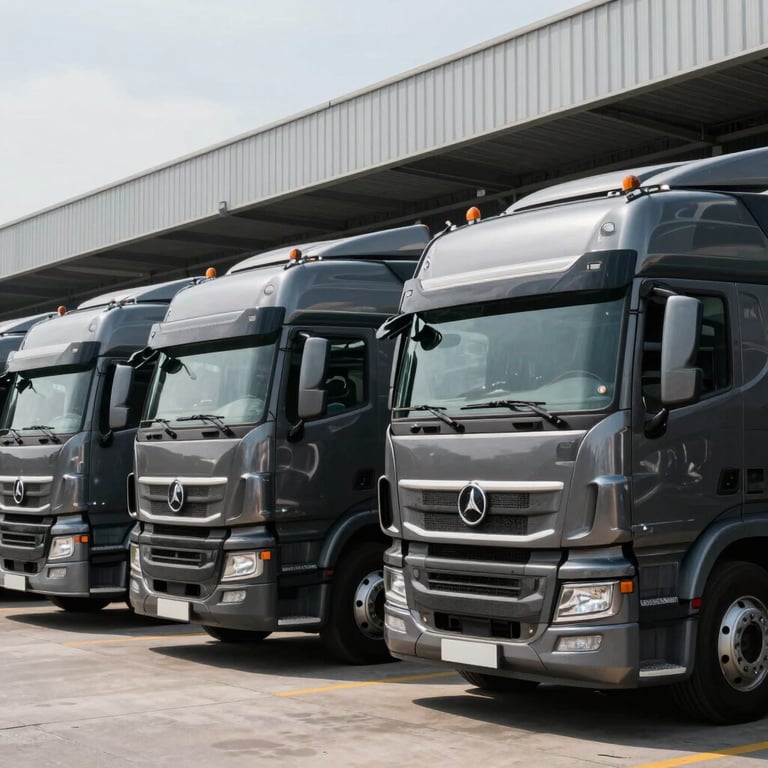 A professional fleet of charcoal-colored transport trucks parked in a modern logistics hub, daytime lighting.
