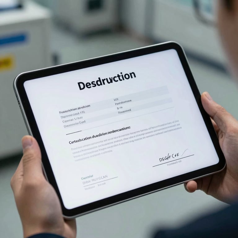 Close-up of a digital certificate of destruction on a tablet screen held by a professional in a secure facility.