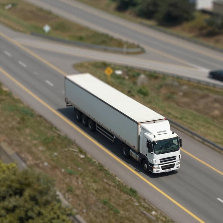 An aerial view of an 18-wheeler truck navigating a modern highway interchange, symbolizing efficient route planning and logistics flow.