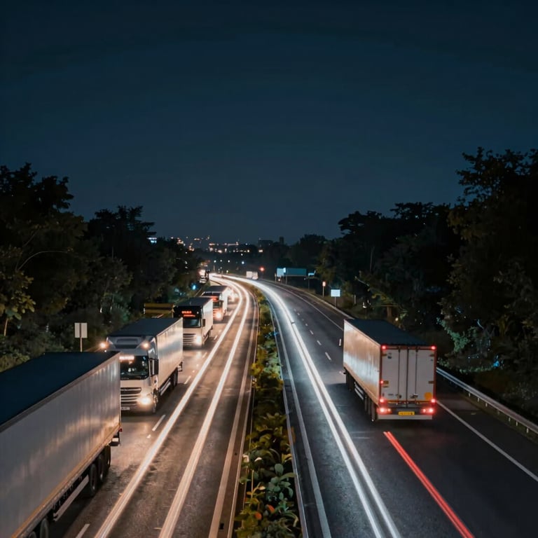 A long-exposure shot of a highway at night with light trails from trucks, representing 24/7 support and the non-stop nature of the industry.