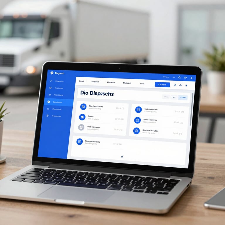 A clean, professional workspace featuring a tablet showing a dispatching app with a blue interface, representing modern technology in trucking.