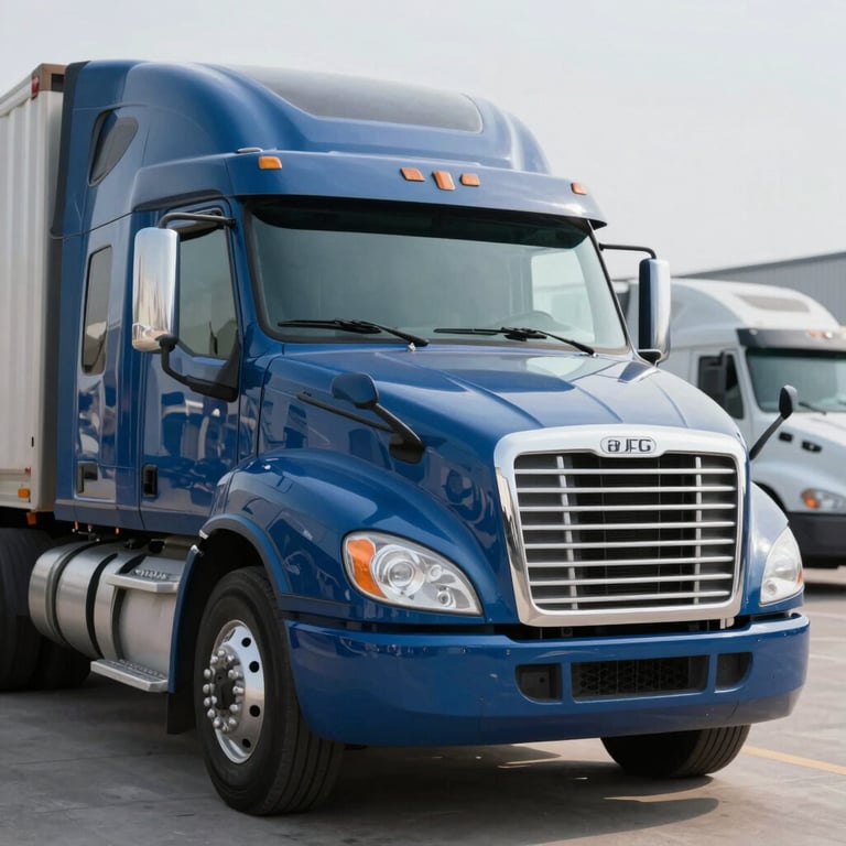 A close-up of a polished semi-truck front grille and headlights, reflecting a professional and clean logistics yard, highlighting #2A629A blue tones.
