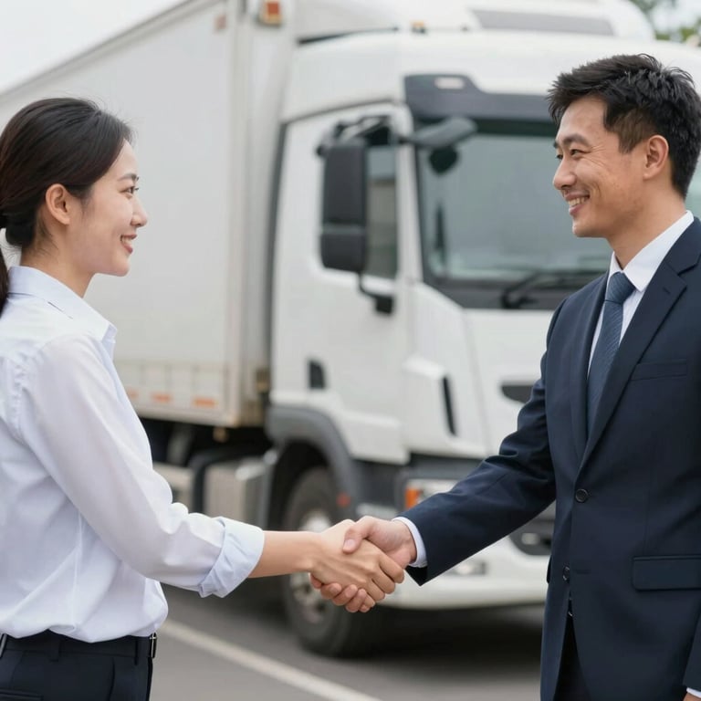 A professional handshake between a logistics manager and a driver in front of a truck, establishing trust and partnership.