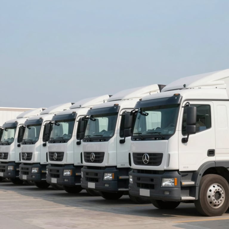 A line of white freight trucks parked neatly at a logistics hub under a clear sky, conveying organization, scale, and professionalism.
