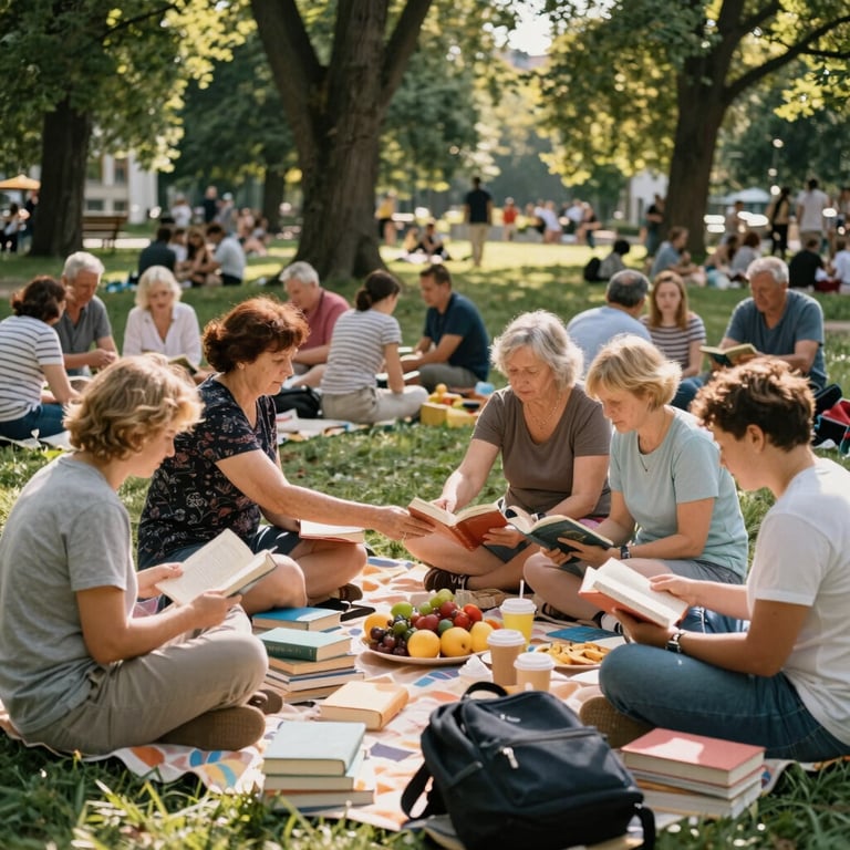 A sunny outdoor gathering in Volkspark Friedrichshain with people sharing books and enjoying a picnic